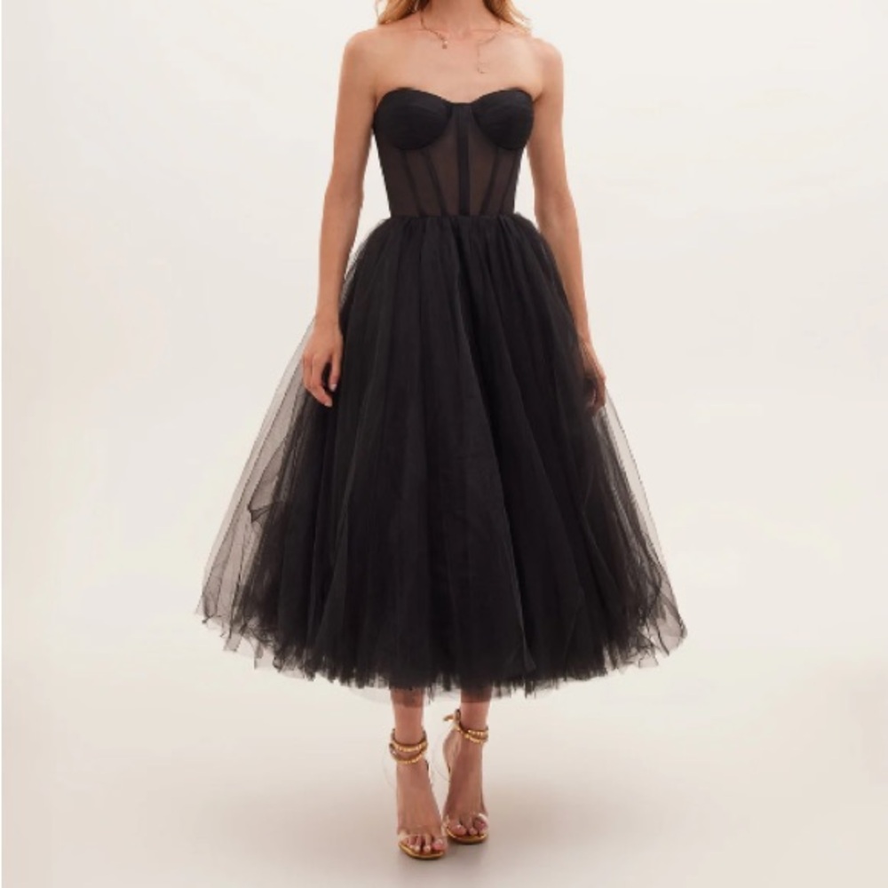 Milla Dress. Black Strapless Puffy Midi Dress